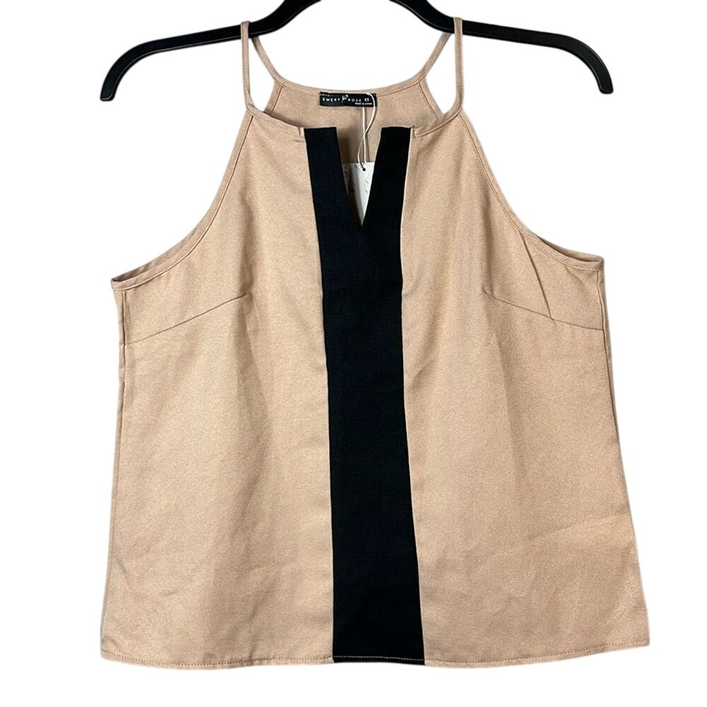 Emery Rose Sleeveless‎ Blouse Tan Black Womens Size XS NWT